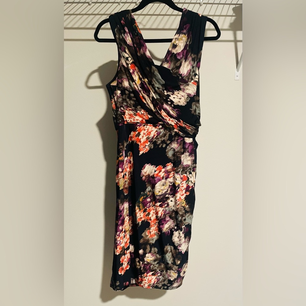 Adrianna Papell faux-wrap jersey sheath dress. Black floral. Like new. Size 16.